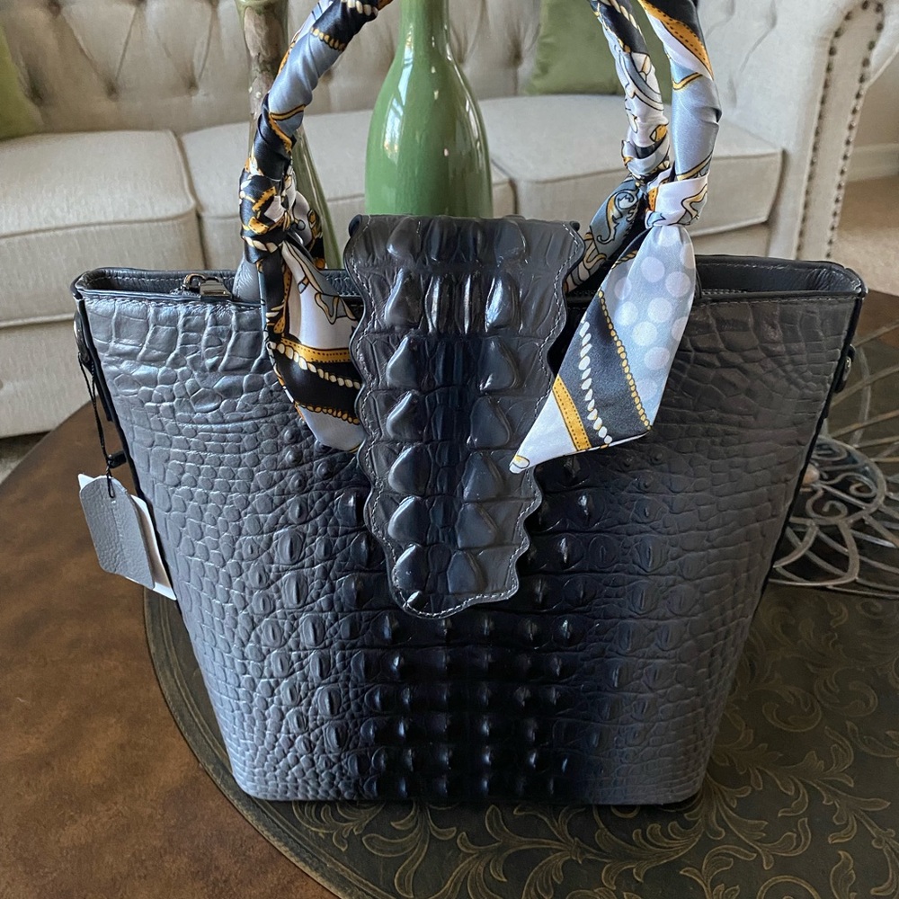 NEW Genuine Leather Gray Embossed Crocodile Tote Bag with Shoulder Strap